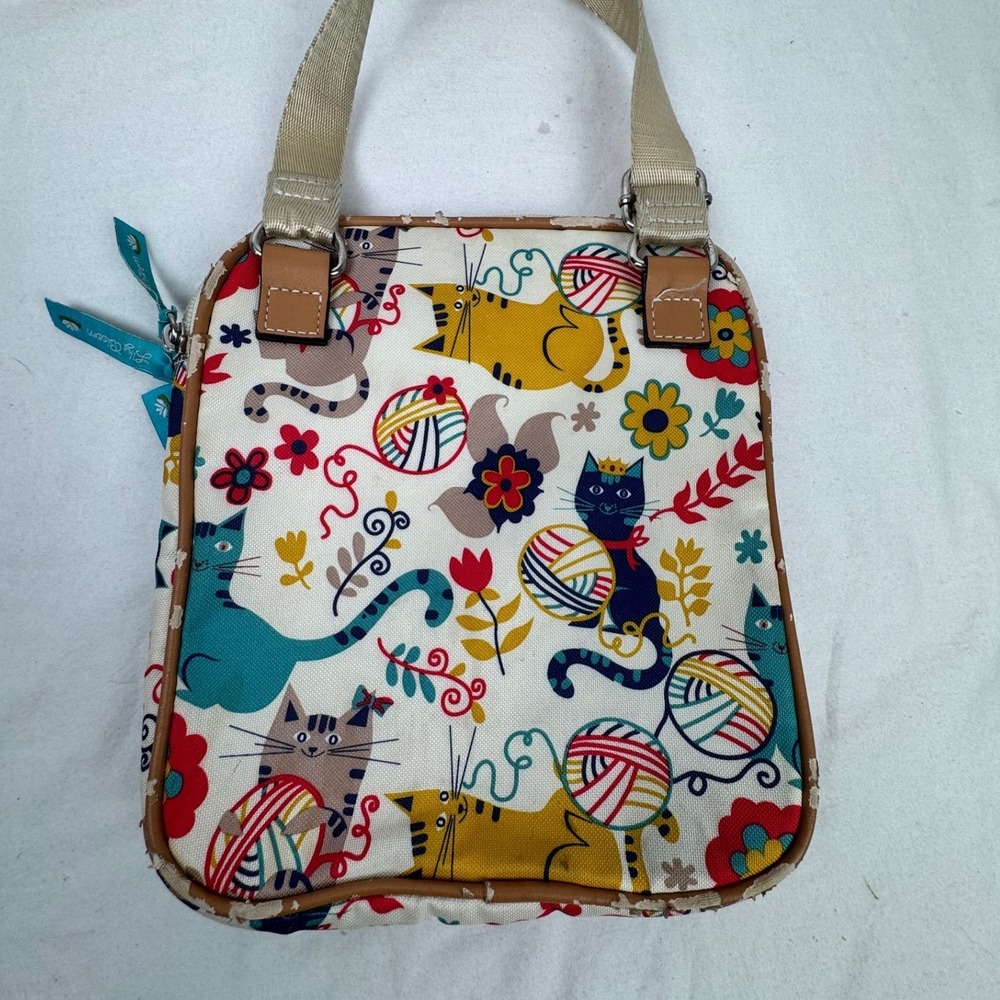 Lily Bloom Cat Nap Crossbody Bag Multi Color Whimsical Kitty Yarn Print Canvas - Picture 4 of 6